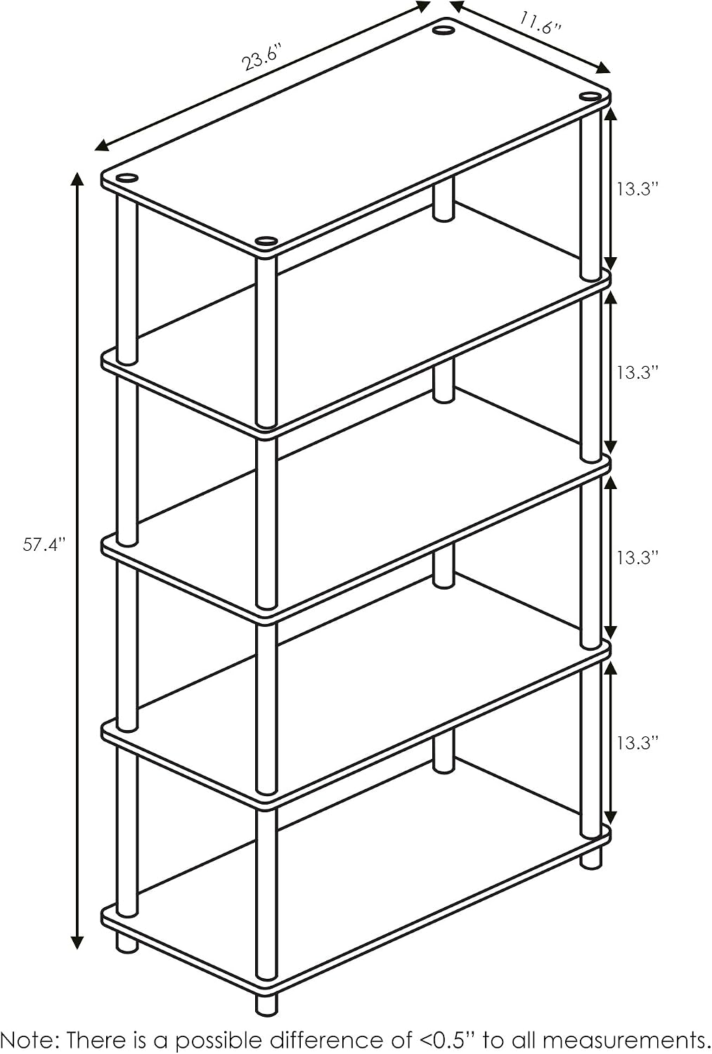 Wire Book Shelf, 5-Tier Industrial Style Metal Frame Bookcase, Display Shelf, 24 Wide, Walnut Cove