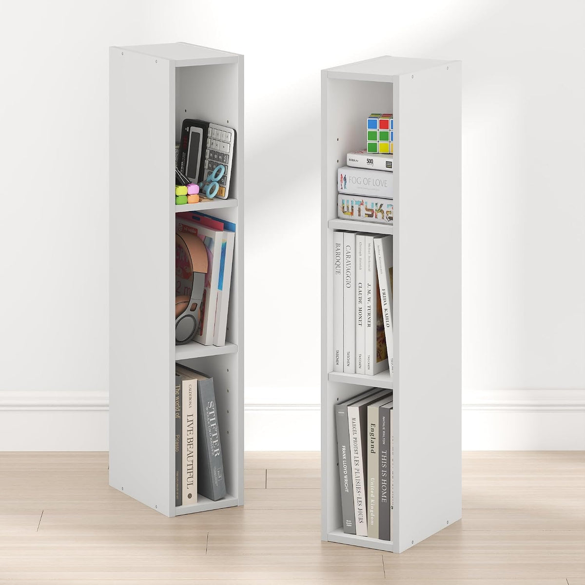 Fulda Book Shelf Set of 2, 3-Tier Narrow Bookshelf, 6" W, White
