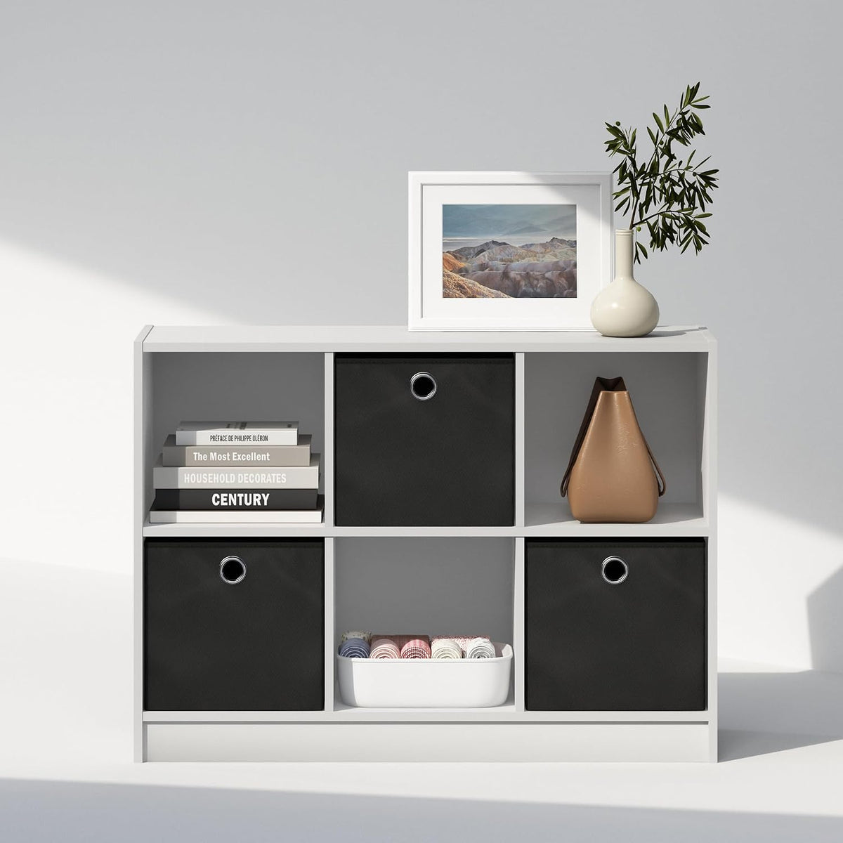 Cubic Closet Organizers and Storage, 6-Cube Closet Organizer with Bins, Open Shelf Storage, for Wardrobe, Bedroom, Living Room, White