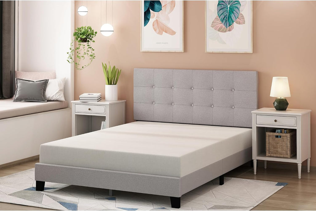 Laval Bed Frame, Upholstered Bedframe, Queen, Light Grey