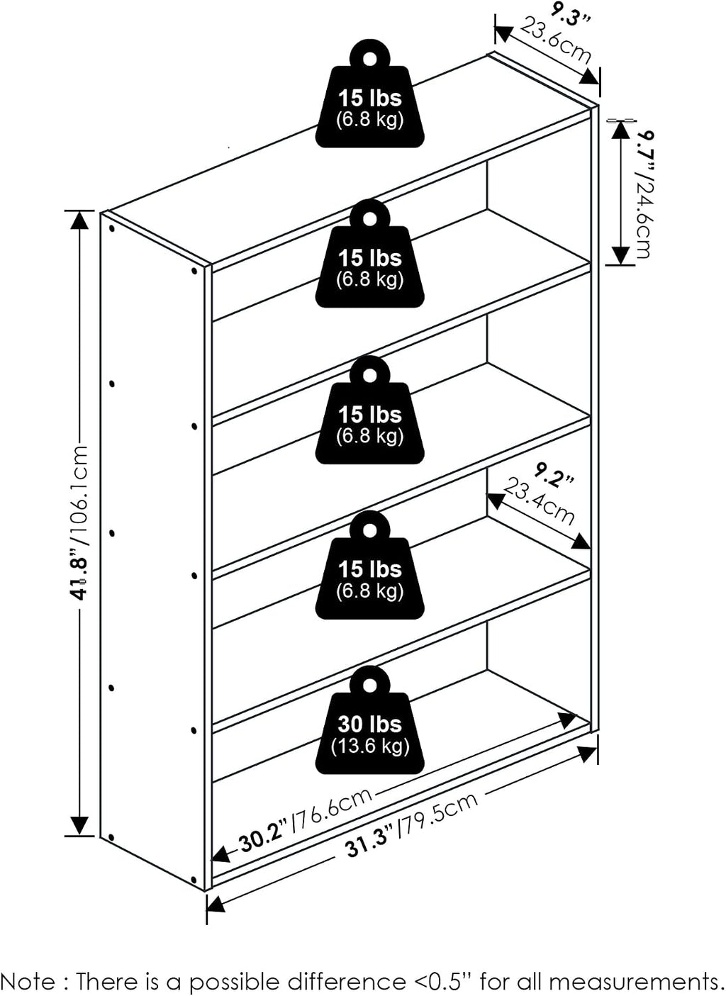PASIR Book Shelf, 4-Tier Bookshelf with Open Storage Shelf, Standing Bookcase, 9.3 x 31.3 x 41.8, Easy Assembly, for Home Office, Bedroom, Living Room, Amber Pine