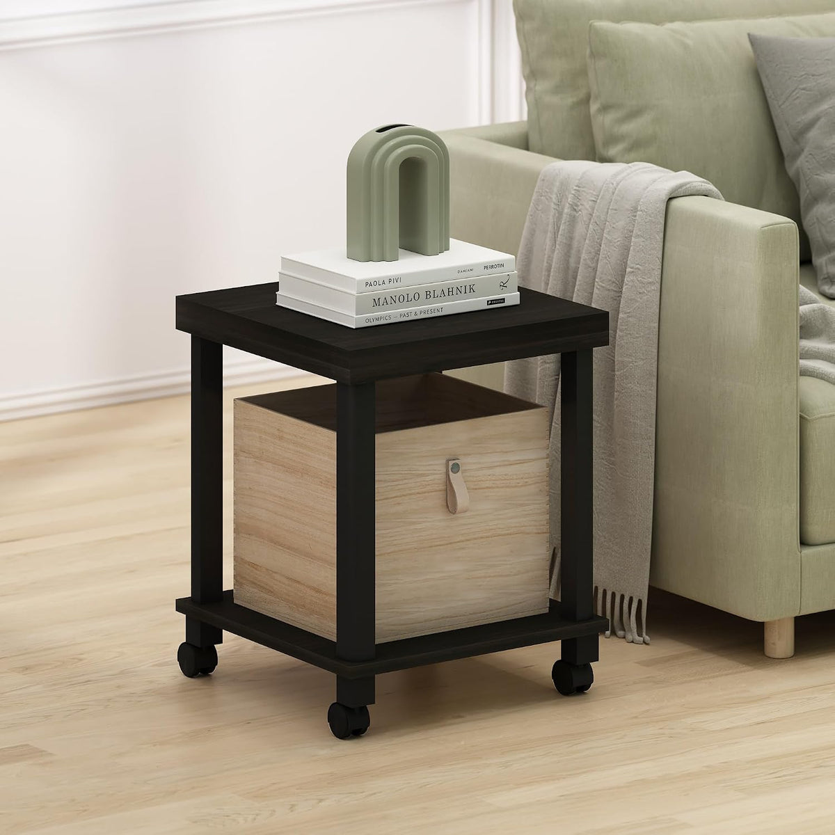 Turn-N-Tube Side Table, 2-Tier Thick Tabletop End Table with Wheels, Toolless Assembly Night Stand, Bedside Table with Open Shelf, for Living Room, Bedroom, Espresso