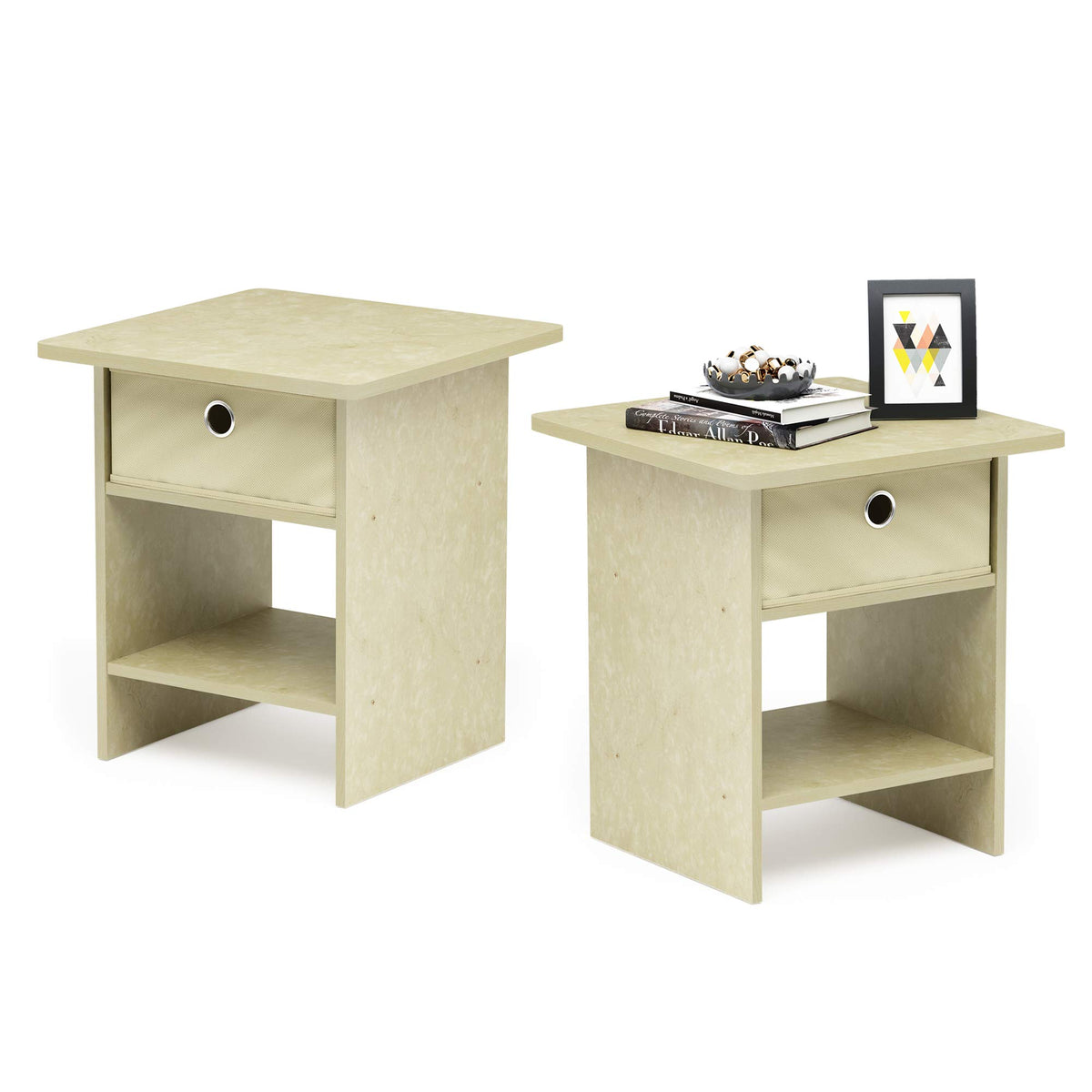 Andrey Set of 2 End Table / Side Table / Night Stand / Bedside Table with Bin Drawer, Dark Brown/Black