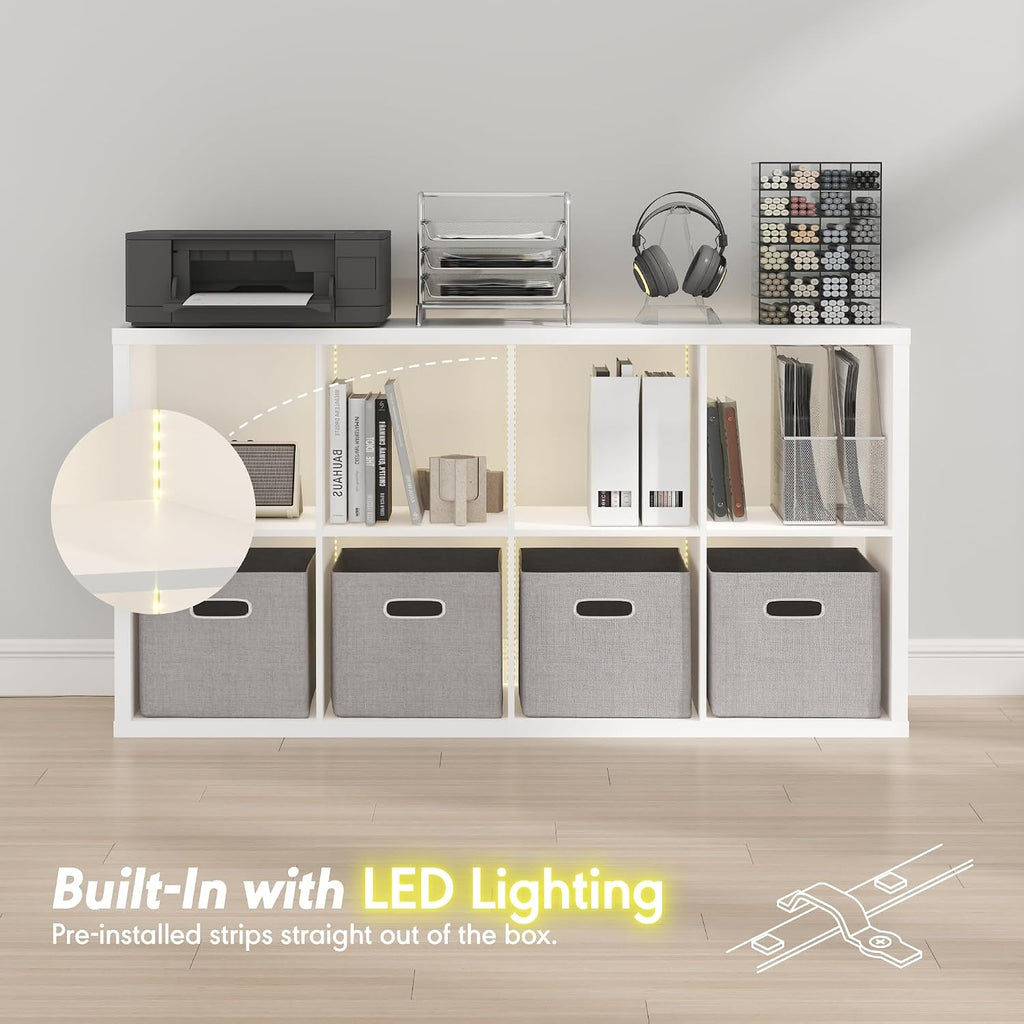 Cubicle Book Shelf with LED Lights, 8-Cube Bookshelf, Reversible Extra Thick Frame Bookcase, Display Storage Shelves, for Living Room, Bedroom, Home Office, White