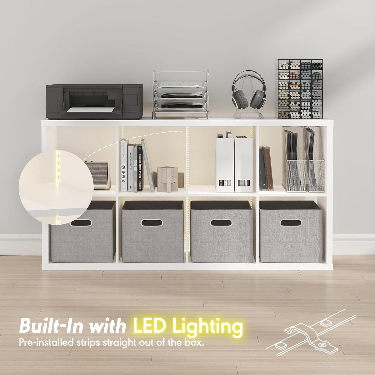 Cubicle Book Shelf with LED Lights, 8-Cube Bookshelf, Reversible Extra Thick Frame Bookcase, Display Storage Shelves, for Living Room, Bedroom, Home Office, White