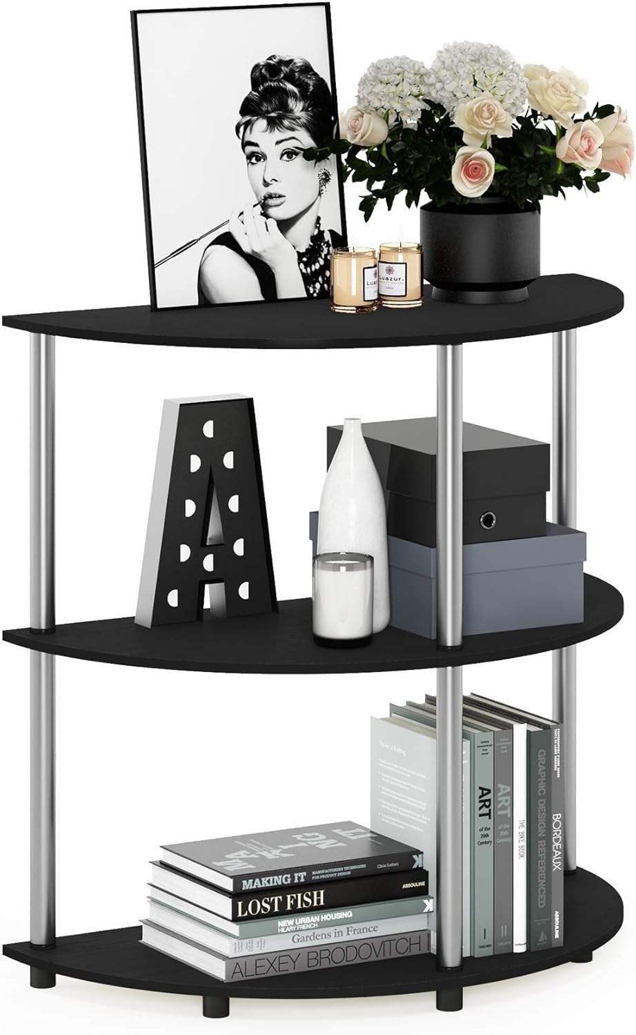 Frans Turn-N Half Round Console Table with Stainless Steel Tubes, Black Oak 15.6D x 31.1W x 30.8H in