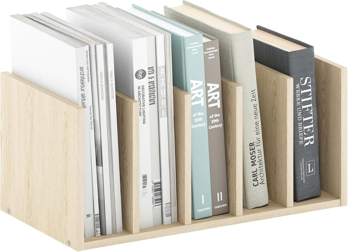 HERMITE Desk File Folder Organizers, 5-Space Vertical Desktop Office Organization Racks, Desk Top Display Book Shelf, for Paper, Office Supplies, Magazine, Bauhaus Oak