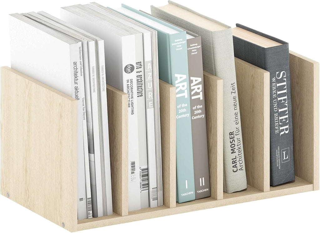 HERMITE Desk File Folder Organizers, 5-Space Vertical Desktop Office Organization Racks, Desk Top Display Book Shelf, for Paper, Office Supplies, Magazine, Bauhaus Oak