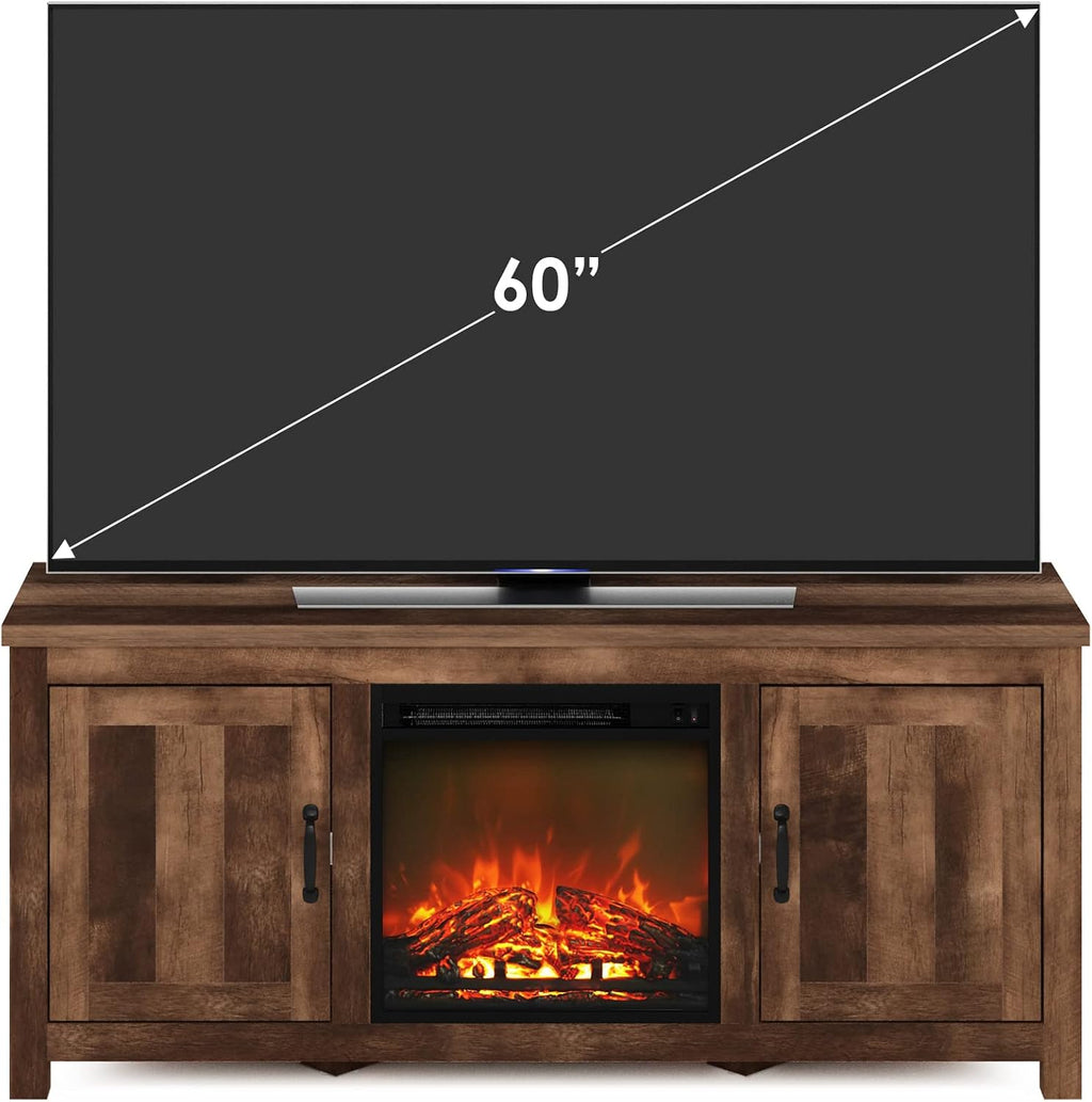 Jensen Farmhouse Barn Door Fireplace Stand with Storage Cabinet for TV up to 60 Inch, Rustic Brown