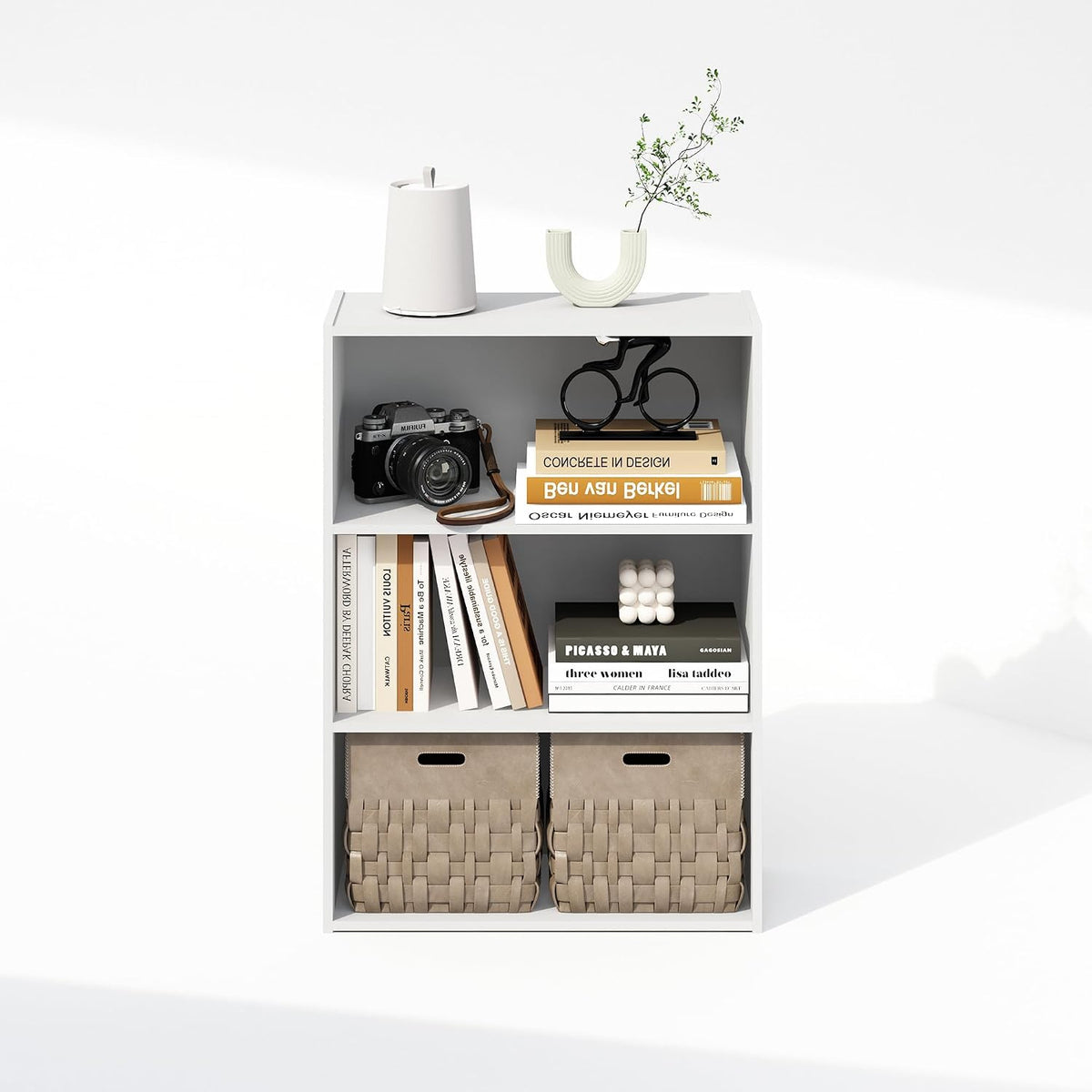 Simple Book Shelf, 3-Tier Bookshelf, Storage Shelves Bookcase, 9.7 x 23.7 x 31.5, for Living Room, Bedroom, Home Office, Plain White