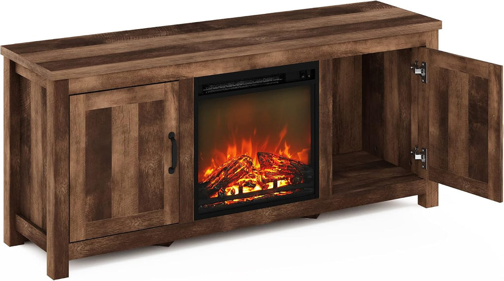 Jensen Farmhouse Barn Door Fireplace Stand with Storage Cabinet for TV up to 60 Inch, Rustic Brown