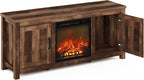 Jensen Farmhouse Barn Door Fireplace Stand with Storage Cabinet for TV up to 60 Inch, Rustic Brown