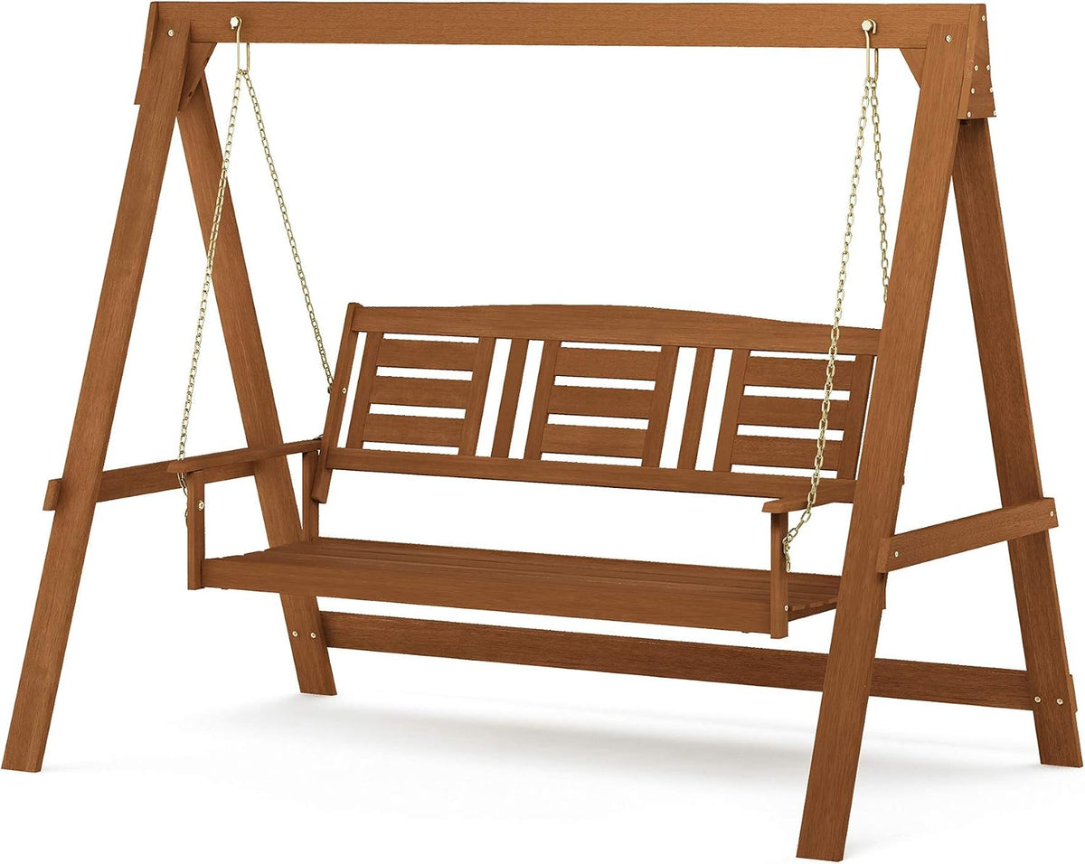 TIOMAN Hardwood A-Frame Porch Swing, 3-Seater, Natural