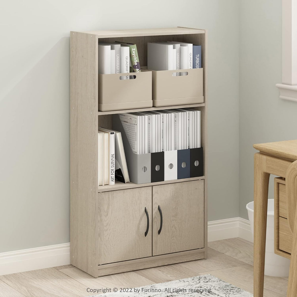 Gruen 3-Tier Open Shelf Bookcase with 2 Doors Storage Cabinet, Metropolitan Pine