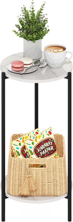 Besi 2-Tier Tall Round Side Table with Metal Legs, Light Marble