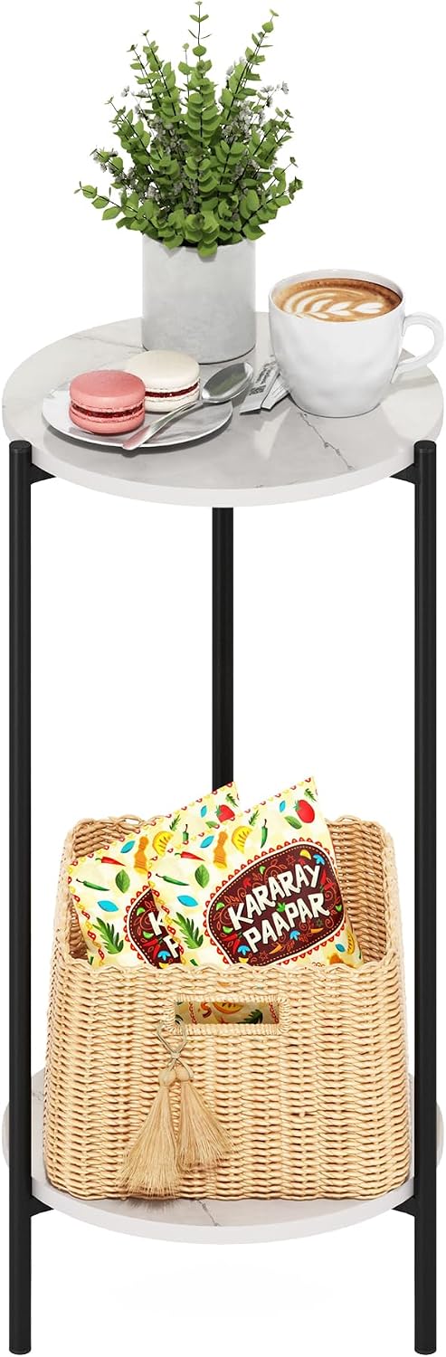 Besi 2-Tier Tall Round Side Table with Metal Legs, Light Marble