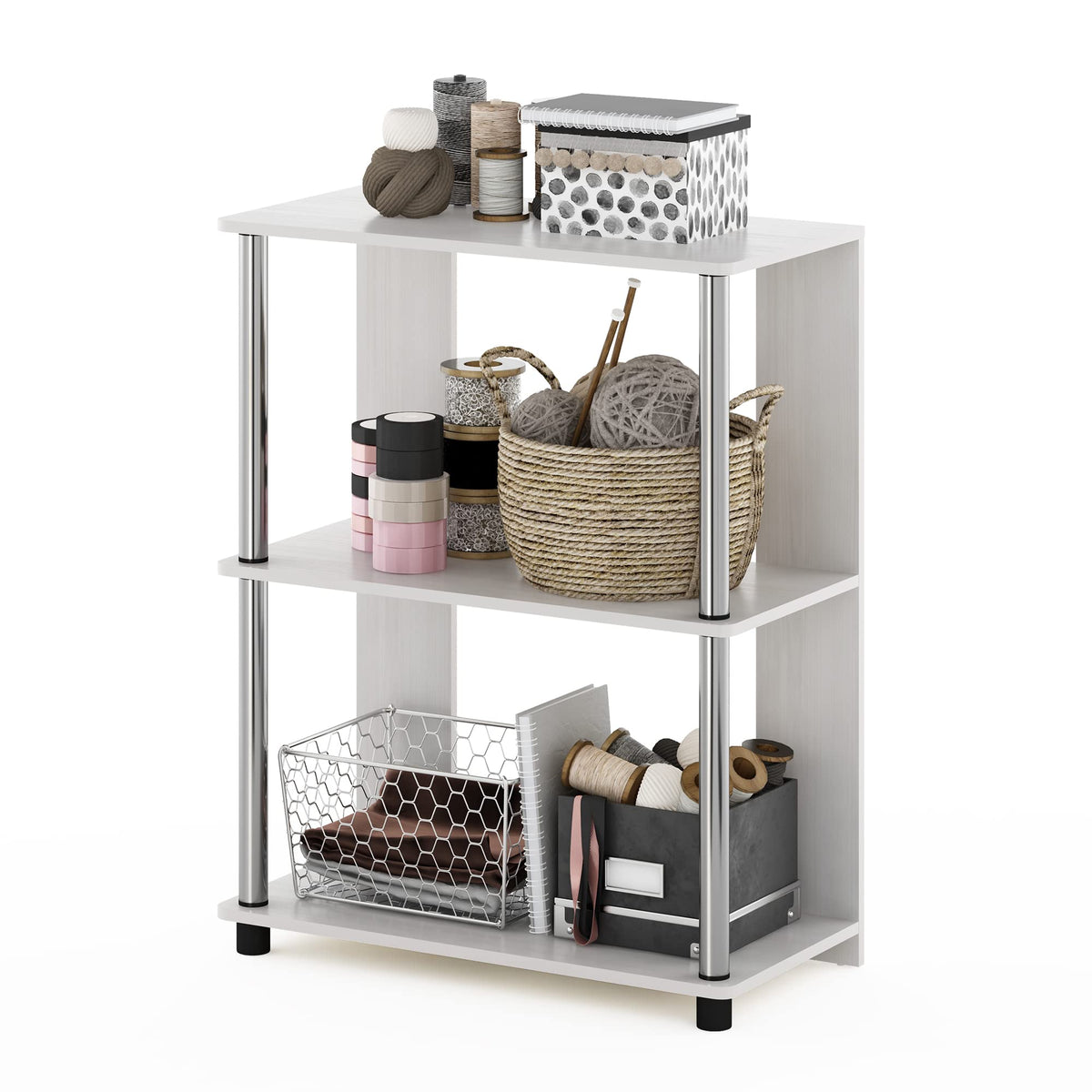 99152BE/WH/IV 3-Tier Go Green Multipurpose Storage Rack Shelving Unit Bookshelf Cabinet with 2 Bins, Beech Finish