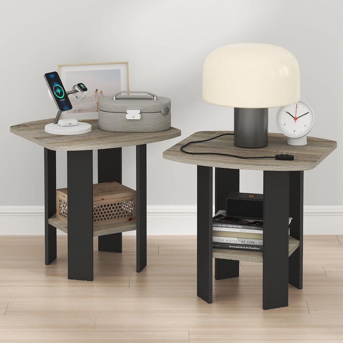 TIDUR Night Stand Set of 2, Nightstand with Shelf, French Oak