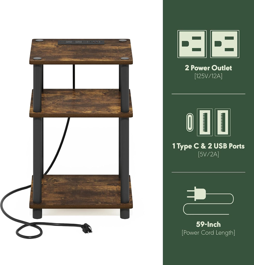 JUST 3-Tier Night Stand with Charging Station, Amber Pine