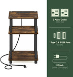 JUST Side Table Set of 2, 3-Tier Modern End Table with Charging Station, Open Shelf Night Stand, Bedside Table with USB and Type-C Port, for Living Room, Bedroom, Amber Pine