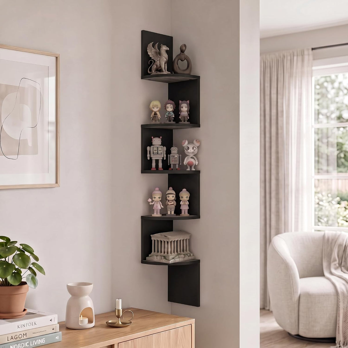 Rossi 5-Tier Corner Floating Book Shelves for Wall, French Oak
