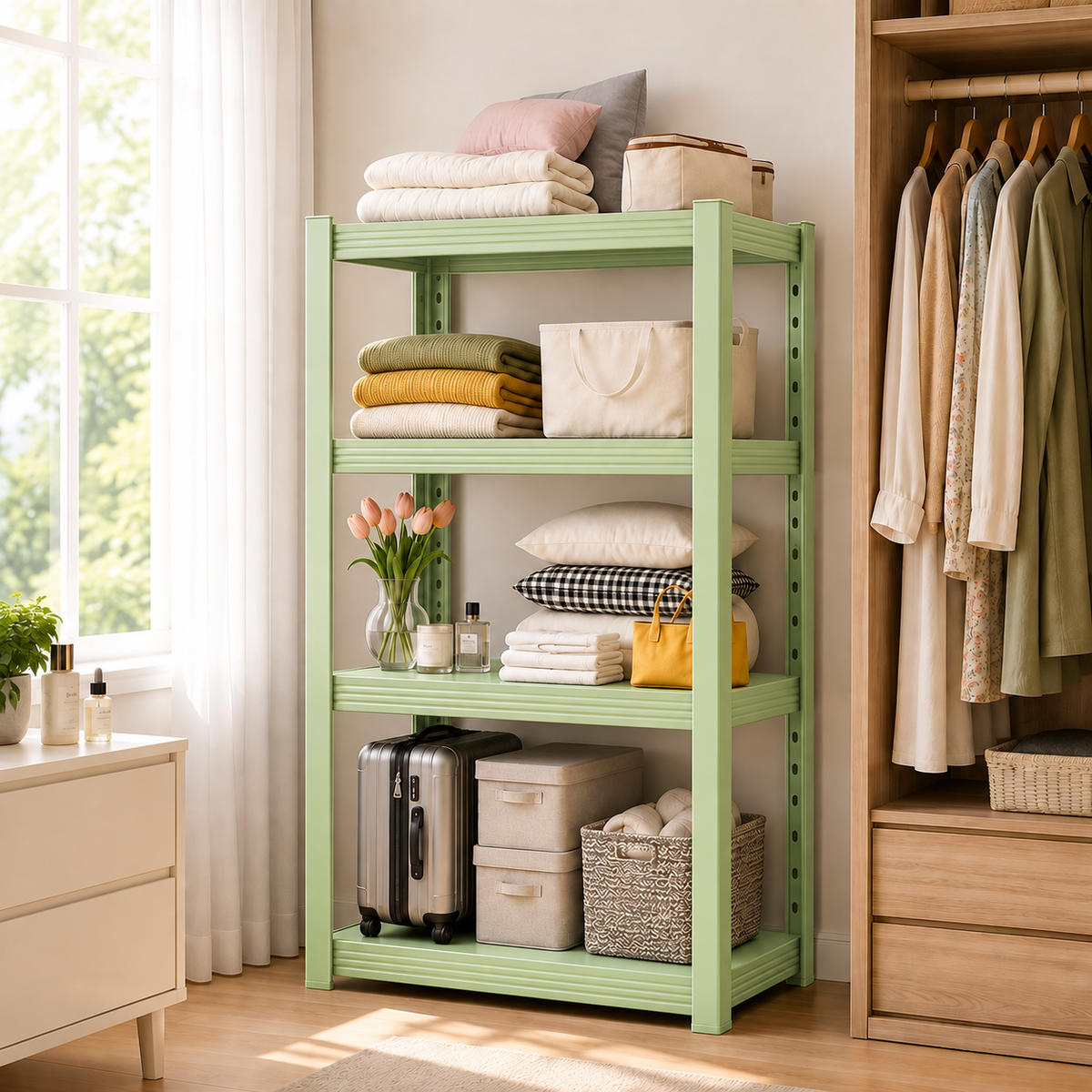 Metal Storage Shelf, Heavy‑Duty Cold‑Rolled Steel Organizer for Home Kitchen Garage (White, 47H*31.5L*16W(4 Tier), Thickened Version)