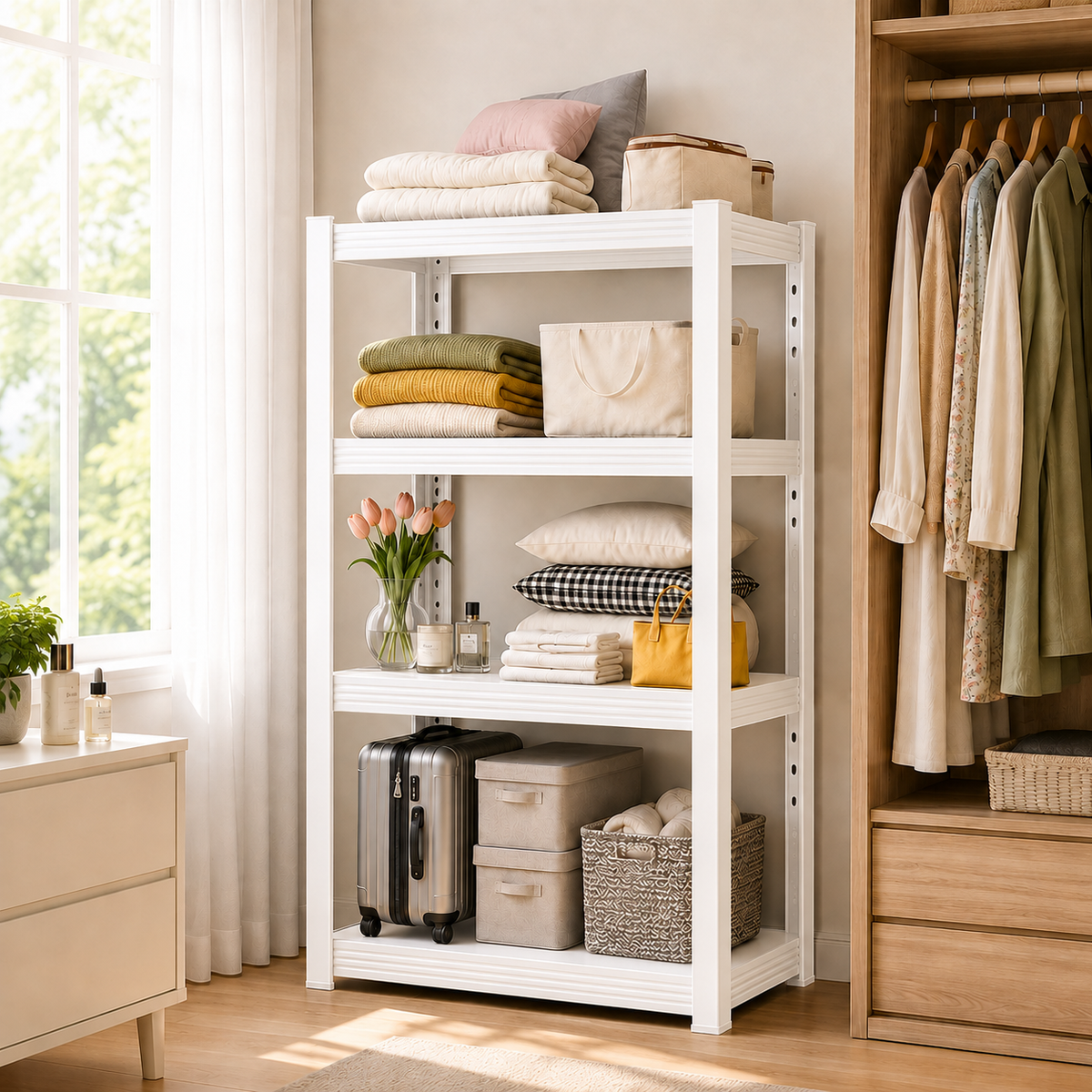 Metal Storage Shelf, Heavy‑Duty Cold‑Rolled Steel Organizer for Home Kitchen Garage (White, 47H*31.5L*16W(4 Tier), Thickened Version)