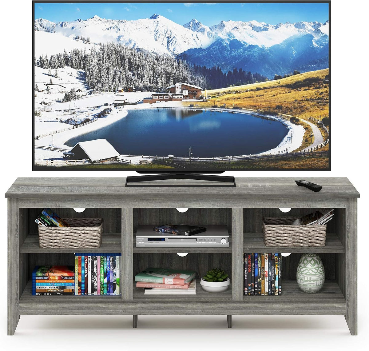 Jensen TV Stand, TV Entertainment Center with 6 Cube Shelves, TV Console, for TV up to 60 Inch, for Living Room, Bedroom, Grey Oak