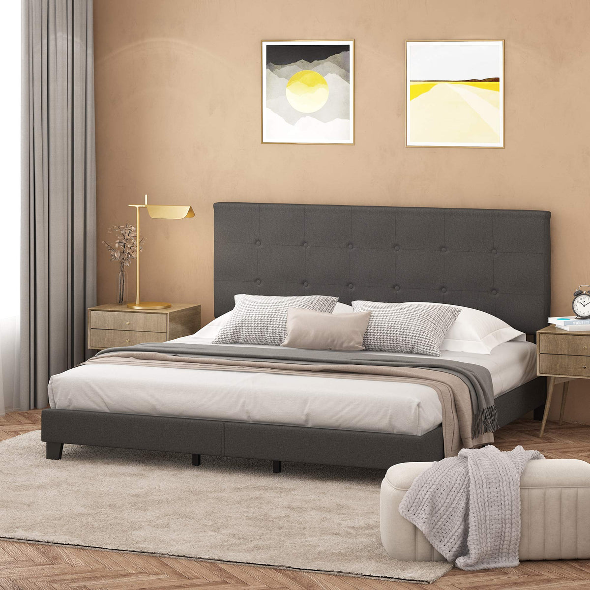 Laval Button Tufted Headboard Bed Frame, Queen Size, Stone