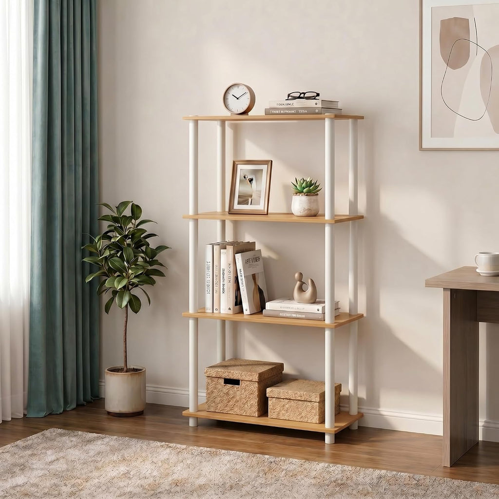 Turn-N-Tube Toolless Assembly Storage Shelves, 4-Tier Oak Book Shelf, Open Storage Bookshelf, for Organization and Storage, Living Room, Home Office, Bedroom, Light Beech