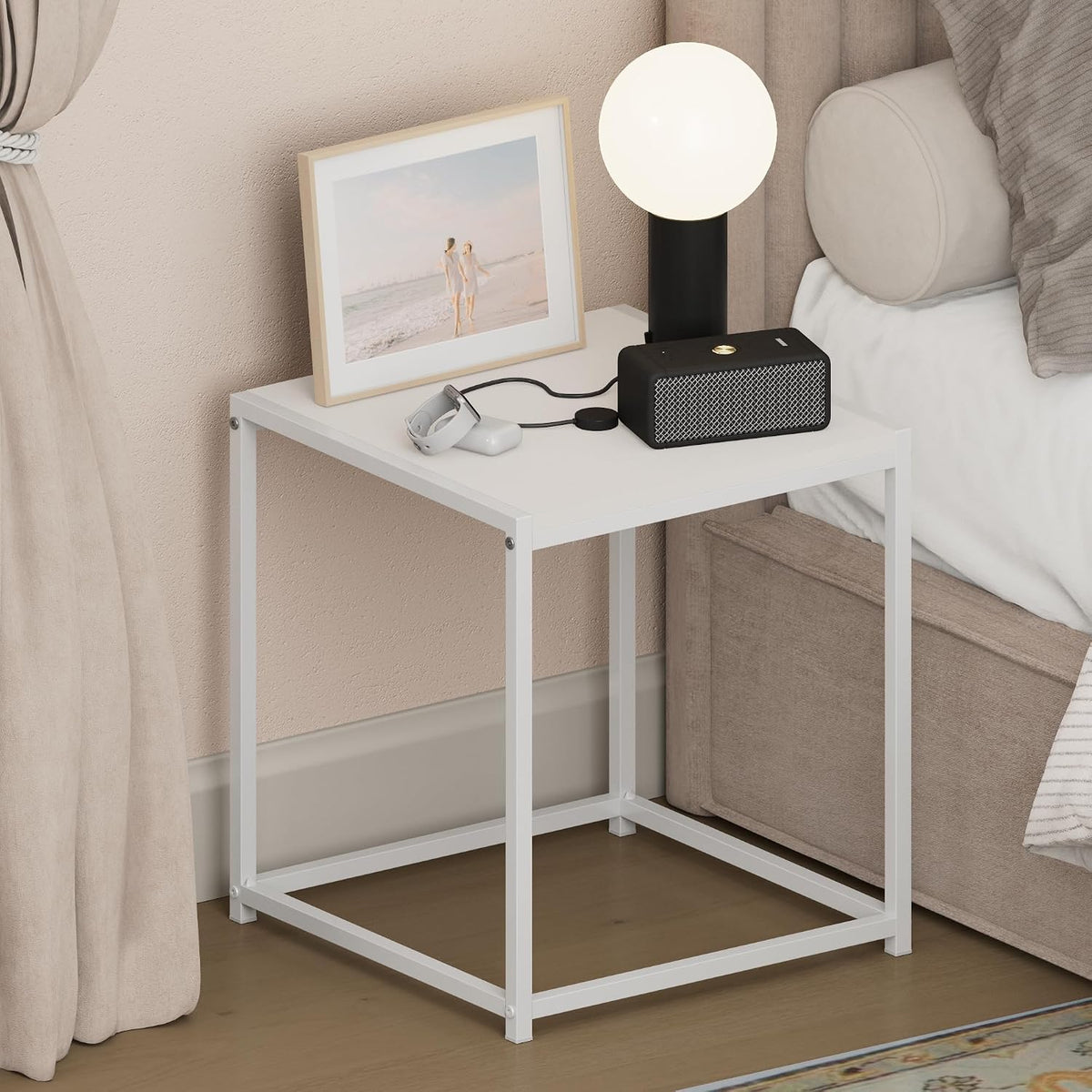 CAMNUS Night Stand, Metal Frame Nightstand, Toolless Side Table, End Table, Bedside Table, for Living Room, Bedroom, Solid White