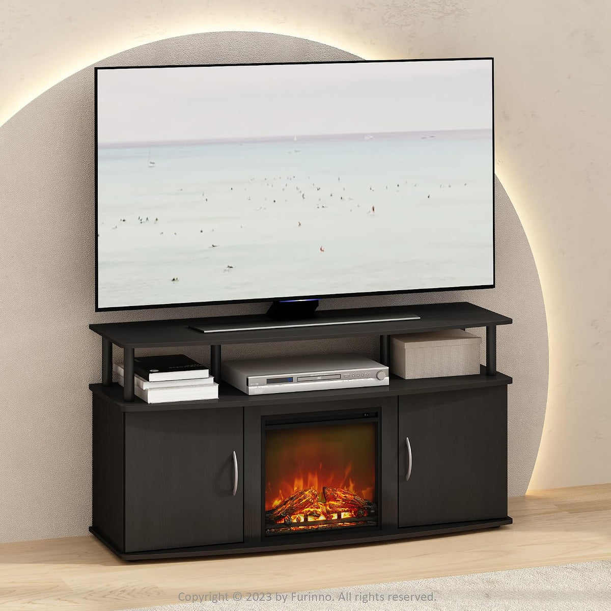 Jensen Fireplace TV Stand, NO Heat Decorative Electric Fireplace Corner TV Stand for TV up to 55 Inch, with Doors Storage Cabinet, for Living Room, Americano/Black