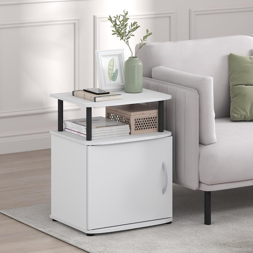 Jaya 2-Tier Side Table, White Closed Storage End Table, Night Stand, Bedside Table for Living Room, Bedroom, Home Office, Plain White/Black
