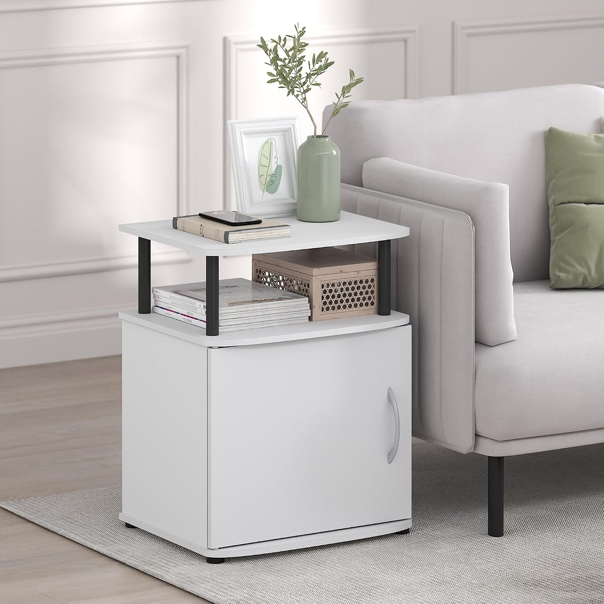 Jaya 2-Tier Side Table, White Closed Storage End Table, Night Stand, Bedside Table for Living Room, Bedroom, Home Office, Plain White/Black