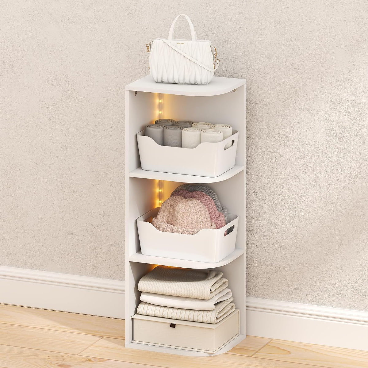 PASIR Corner Closet Organizer with LED Lights, 3-Tier, White
