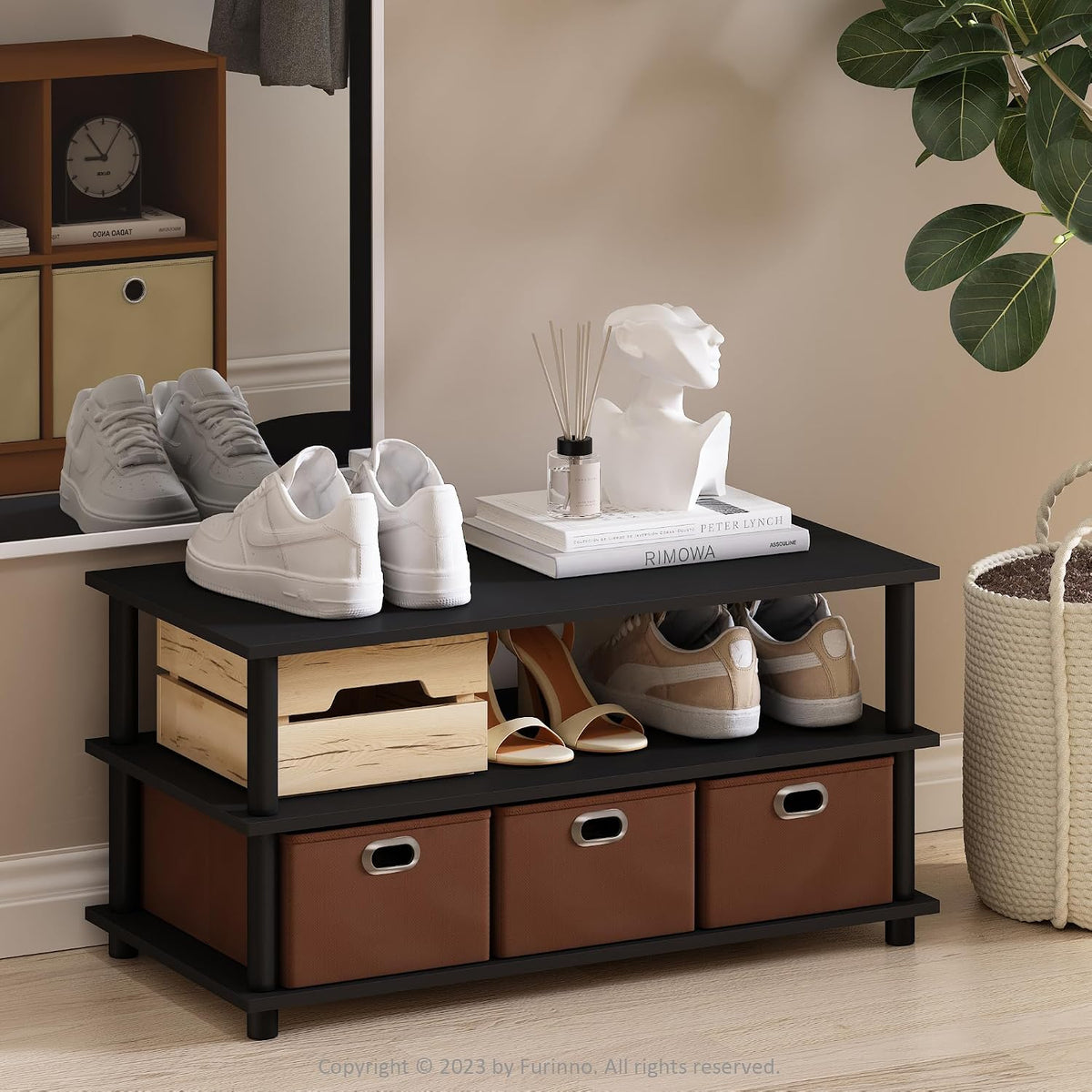 Turn-N-Tube Shoe Rack, 3-Tier Compact Shoe Organizer, Toolless Shoe Storage with Bin Drawers and Open Shelves, 15.5 x 31.2 x 15.4, for Closet Entryway, Office, Garage, Black Oak