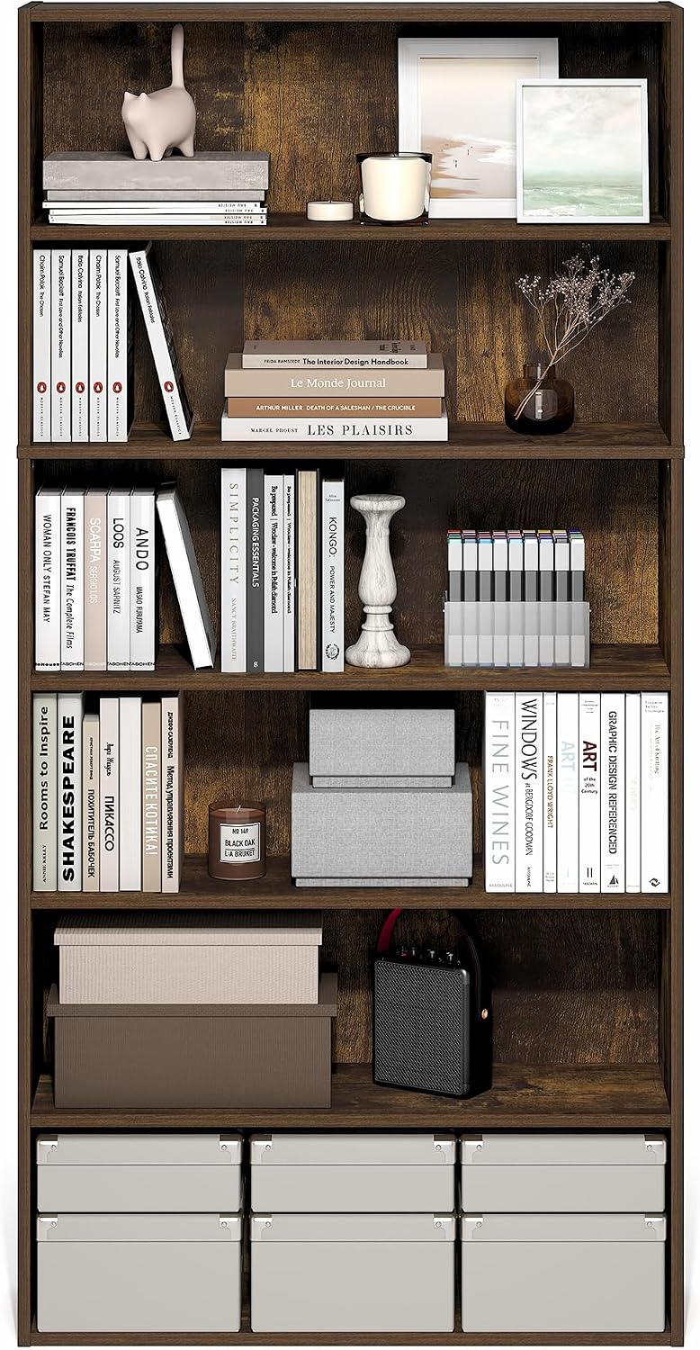 PASIR Book Shelf, 6-Tier Bookshelf with Open Storage Shelf, Standing Bookcase, 9.4 x 31.5 x 63, Easy Assembly, for Home Office, Bedroom, Living Room, Amber Pine