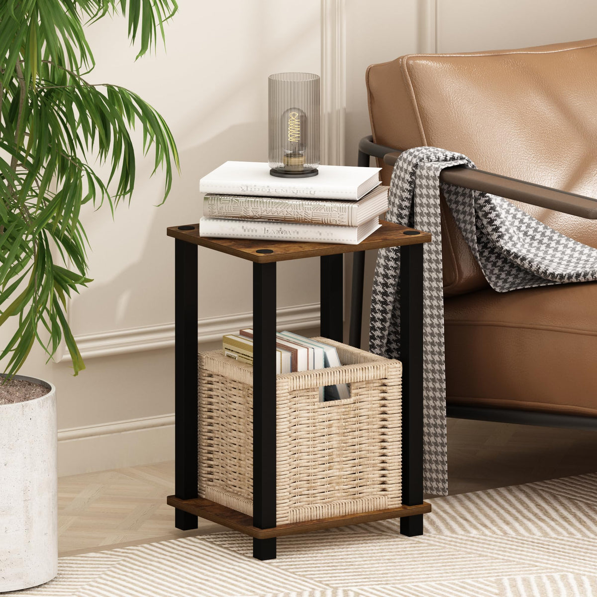 Simplistic Toolless Assembly Side Table, White 2-Tier End Table, Open Shelf Night Stand, Bedside Table for Living Room, Bedroom, Home Office, Plain White/White