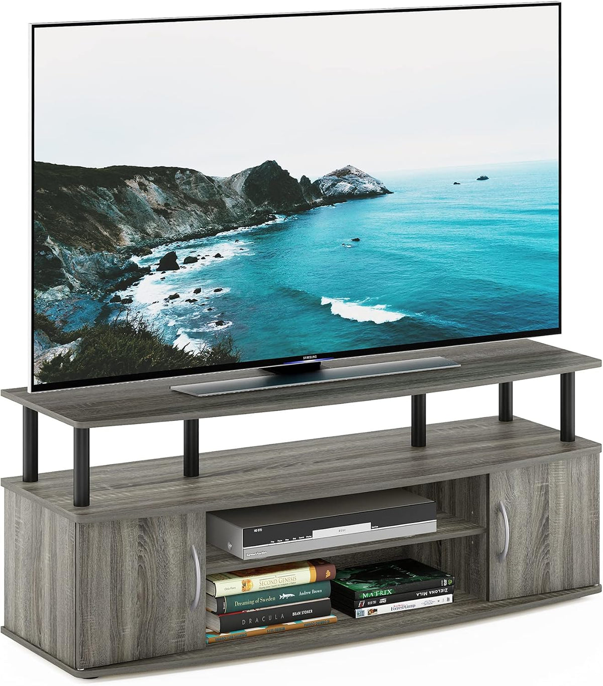 JAYA Large Entertainment Stand for TV Up to 55 Inch, French Oak Grey/Black