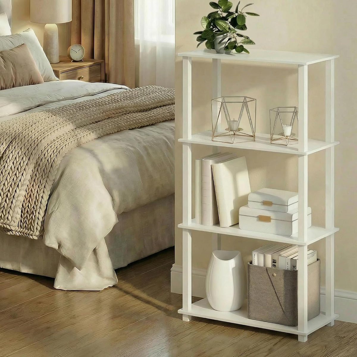 Turn-S-Tube Storage Shelves, 4-Tier Book Shelf, Corner Shelf, Toolless Open Frame Standing Shelves, for Organization and Storage, Living Room, Garage, Home Office, White
