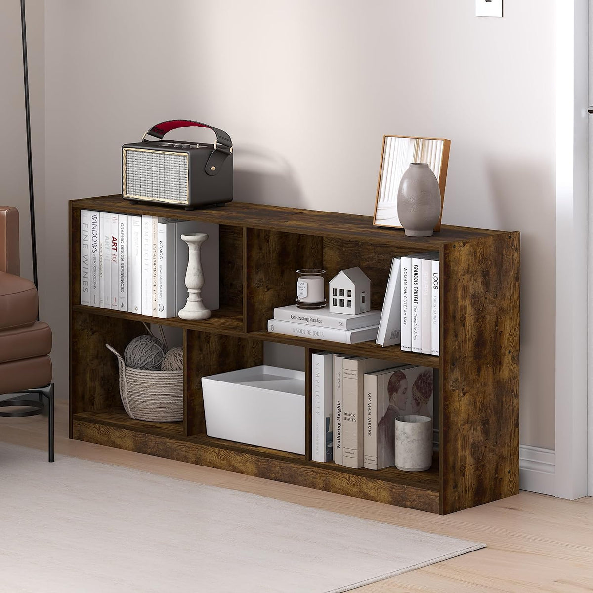 DALY Book Shelf, 5-Cube Bookshelf, Horizontal Cube Storage Organizer Bookcase, 10.9 x 47.2 x 23.6, for Living Room, Bedroom, Home Office, Amber Pine