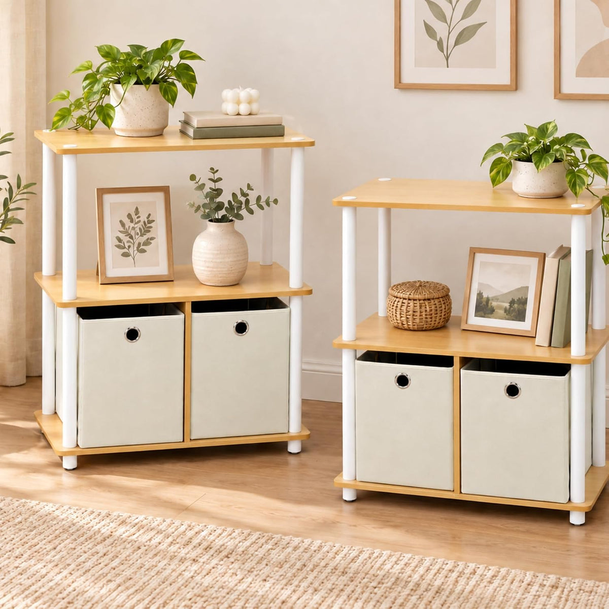 TURN-N-TUBE Storage Shelves Set of 2, 3-Tier Toolless Book Shelf with Storage Bins, Display Shelf, for Organization and Storage, Living Room, Garage, Home Office, Beech