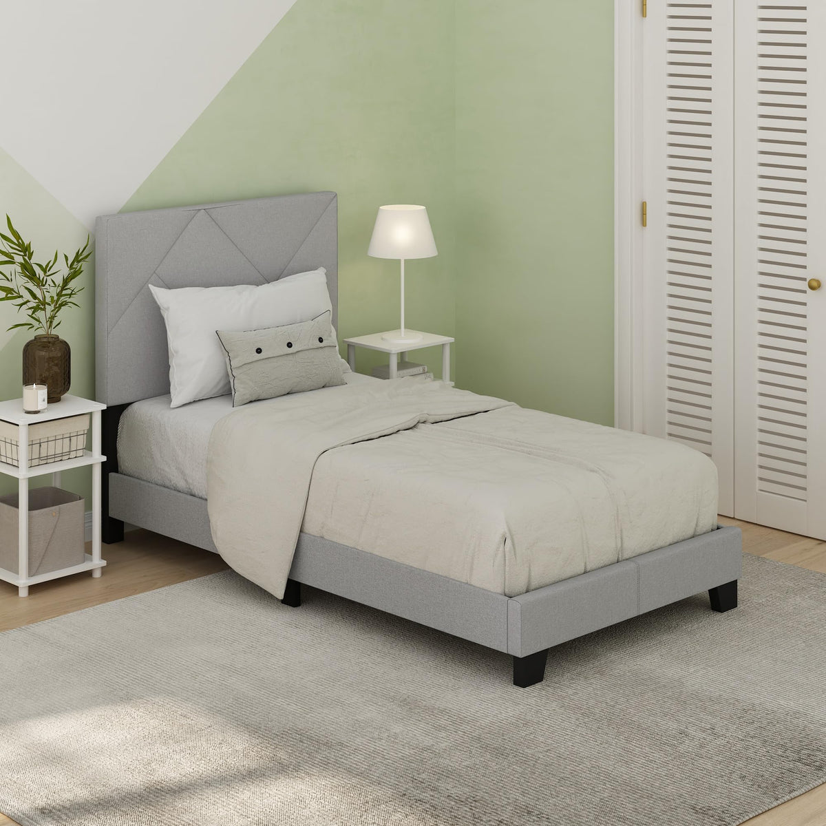 Skylar Bed Frame, Full Size Bedframe with Geometric Design Upholstered Headboard, Bed with Adjustable Headboard, No Box Spring Needed, 12pcs Wooden Slat Support, for Bedroom, Dorm, Glacier