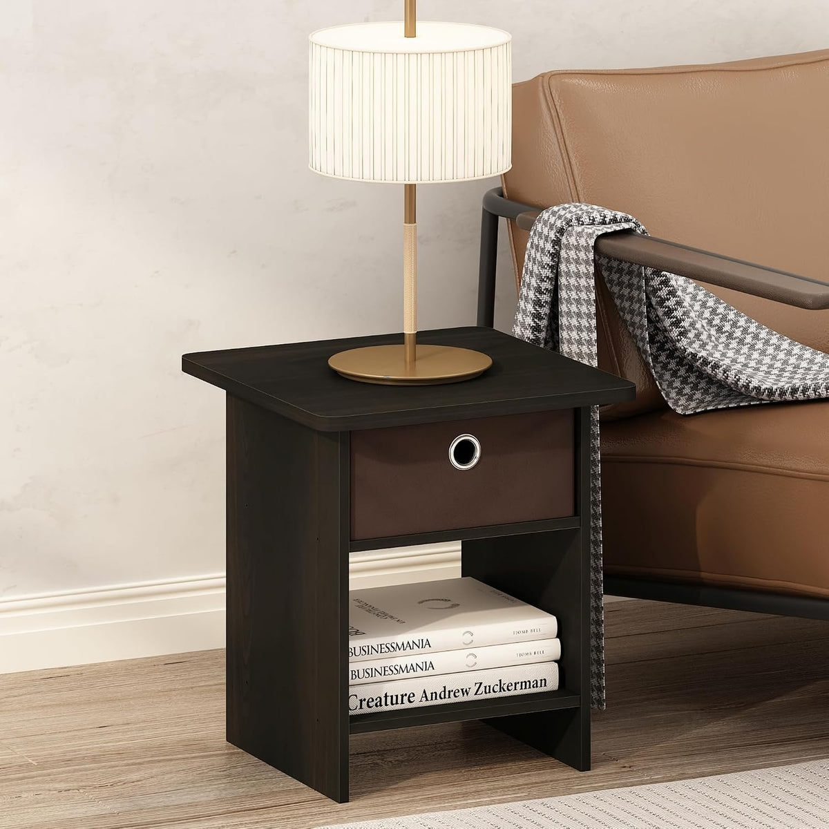 Dario Square Side Table with Storage Bin Drawer, Black Espresso