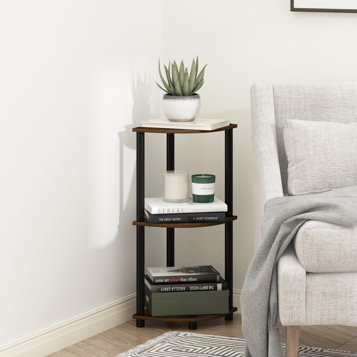 Turn-N-Tube Toolless Assembly 3-Tier Corner Shelf, Black Corner Book Shelf, Open Shelves Bookshelf, for Organization and Storage, Living Room, Home Office, Bedroom, Dark Mocha