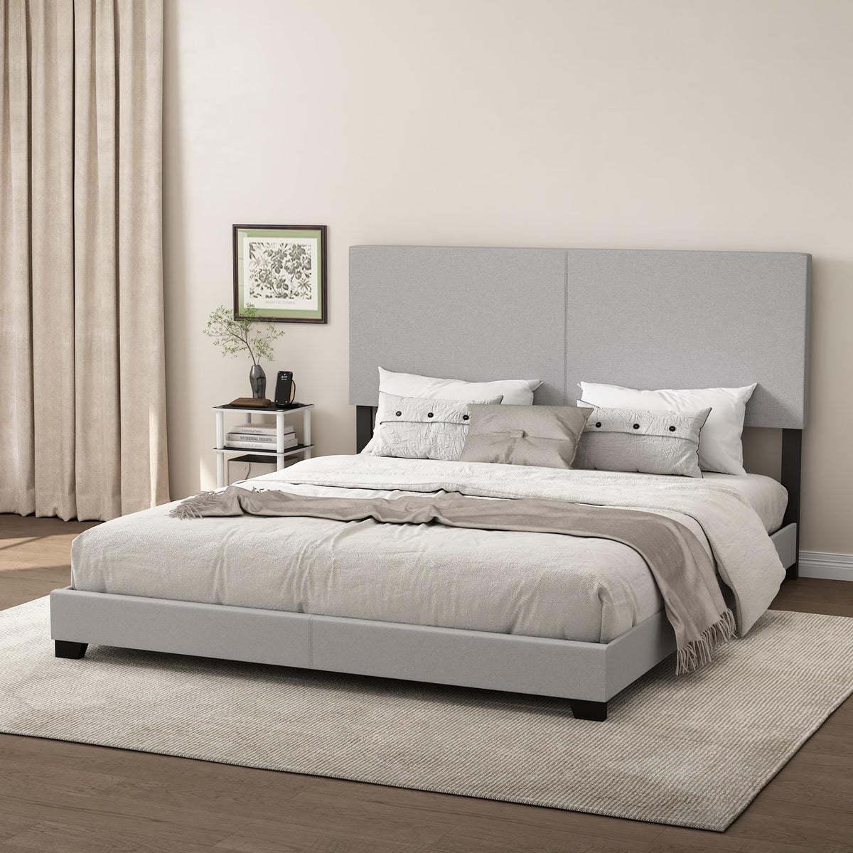 PESSAC Fabric Upholstered Bed Frame, Queen Size, Glacier