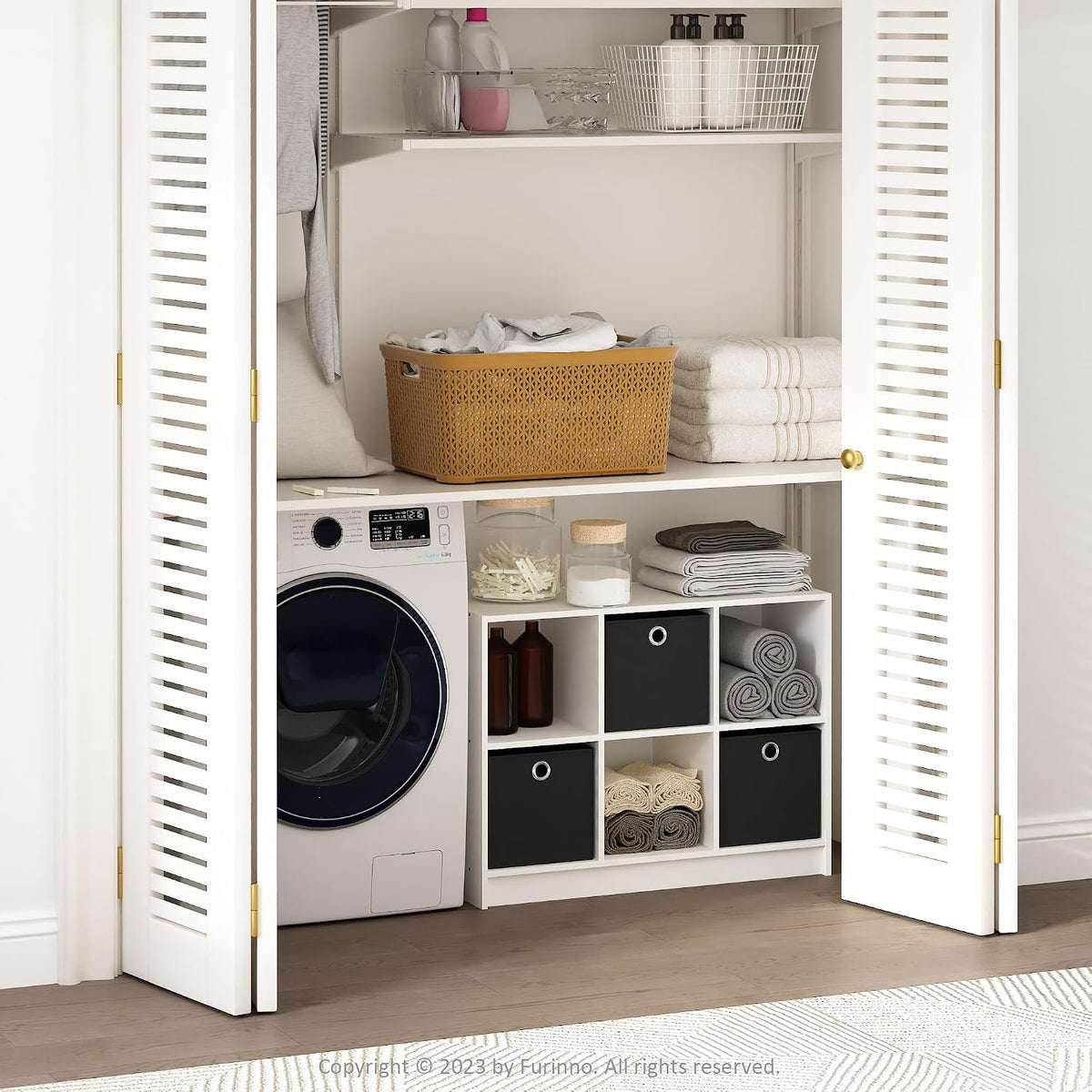 Cubic Closet Organizers and Storage, 6-Cube Closet Organizer with Bins, Open Shelf Storage, for Wardrobe, Bedroom, Living Room, White