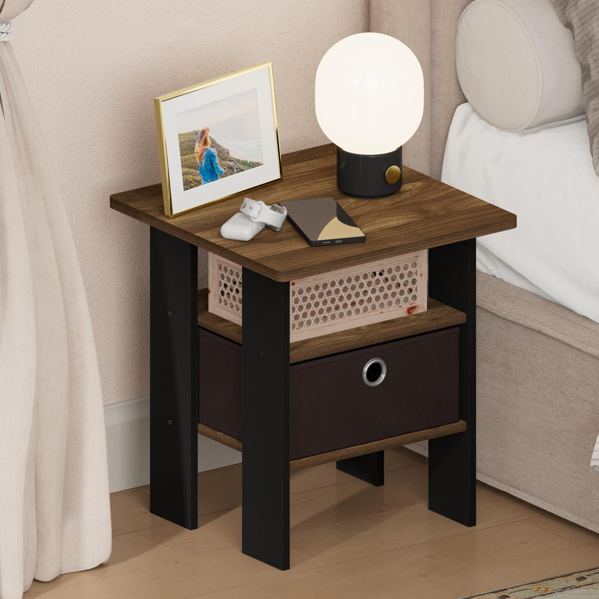 ANDREY Set of 2 Square 2-Tier Side Table, End Table, French Oak