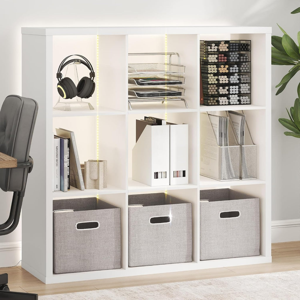 Cubicle Book Shelf with LED Lights, 9-Cube Bookshelf, Reversible Extra Thick Frame Bookcase, Display Storage Shelves, for Living Room, Bedroom, Home Office, White