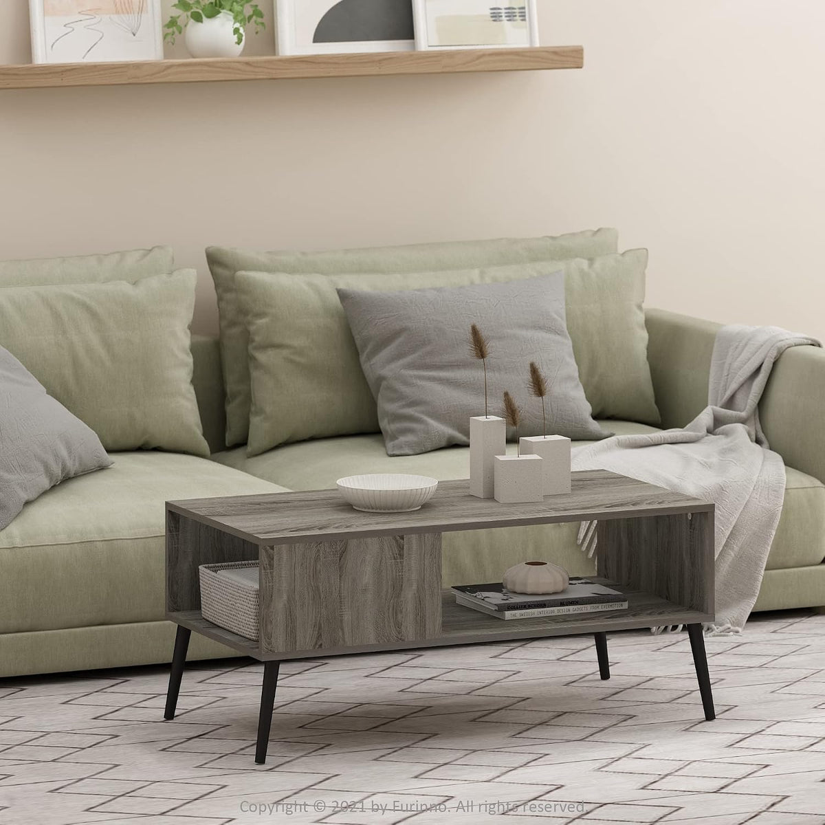 Claude Mid Century Style Coffee Table with Wood Legs, French Oak Grey Large Non-Lift Top